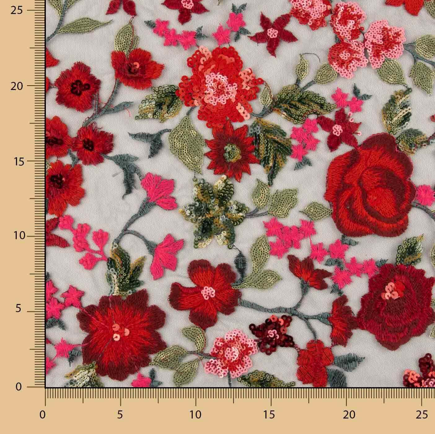 Tule Bordado com Flores e Tecido de Lantejoulas Carmen Vermelho e Preto - Ribes y Casals