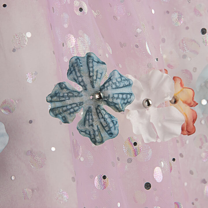 Tule «Jardim das Fadas» em malva com flores 3D e lamé prateado - Ribes y Casals