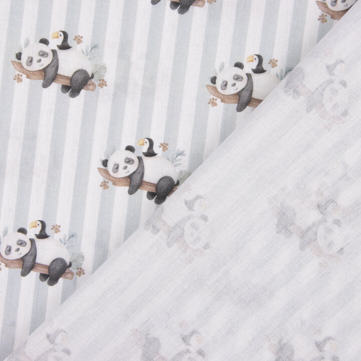 Percal estampado com pandas e riscas cinzentas - Ribes y Casals