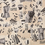 Loneta estampada em tons de café, cafeteiras e grãos - Ribes y Casals
