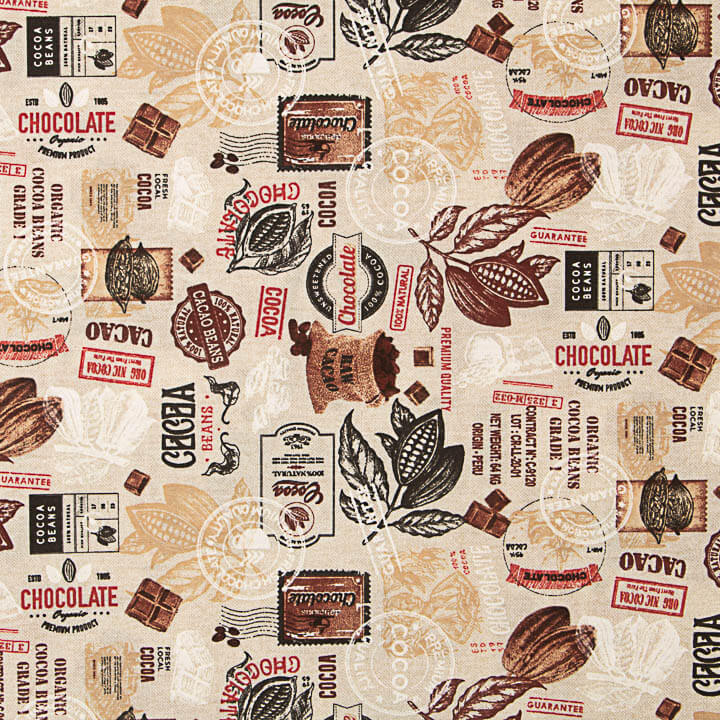 Loneta estampada com motivos vintage de chocolate e cacau - Ribes y Casals