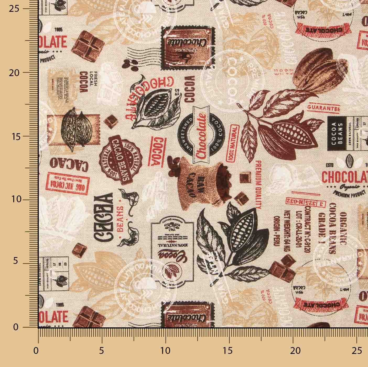 Loneta estampada com motivos vintage de chocolate e cacau - Ribes y Casals