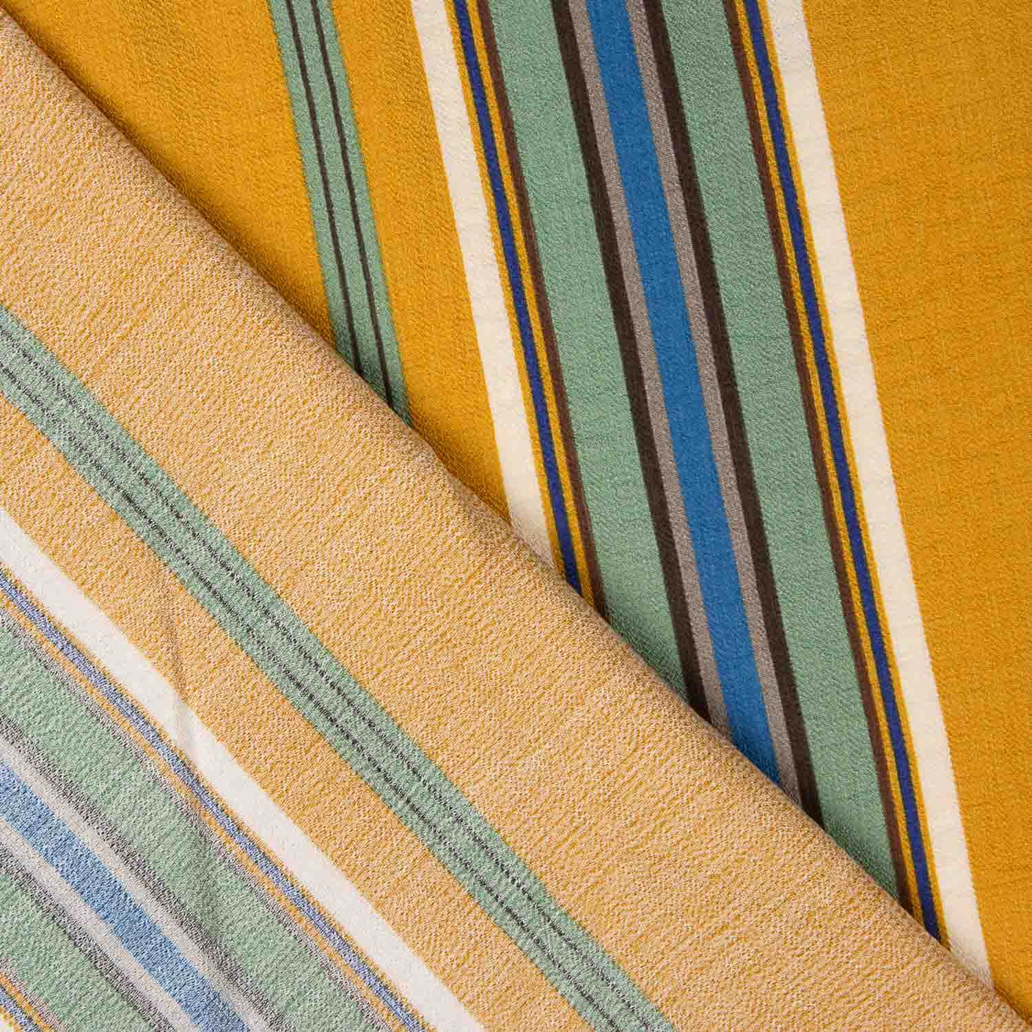 Viscose Crepe às Riscas Mostarda e Azul - Ribes y Casals