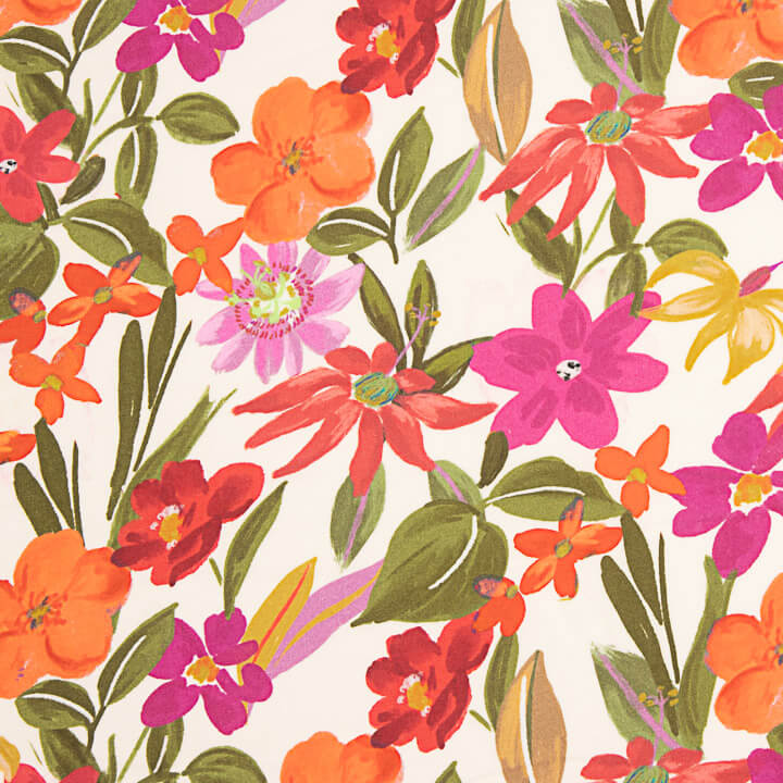 Viscose estampada com flores em fúcsia e laranja - Ribes y Casals