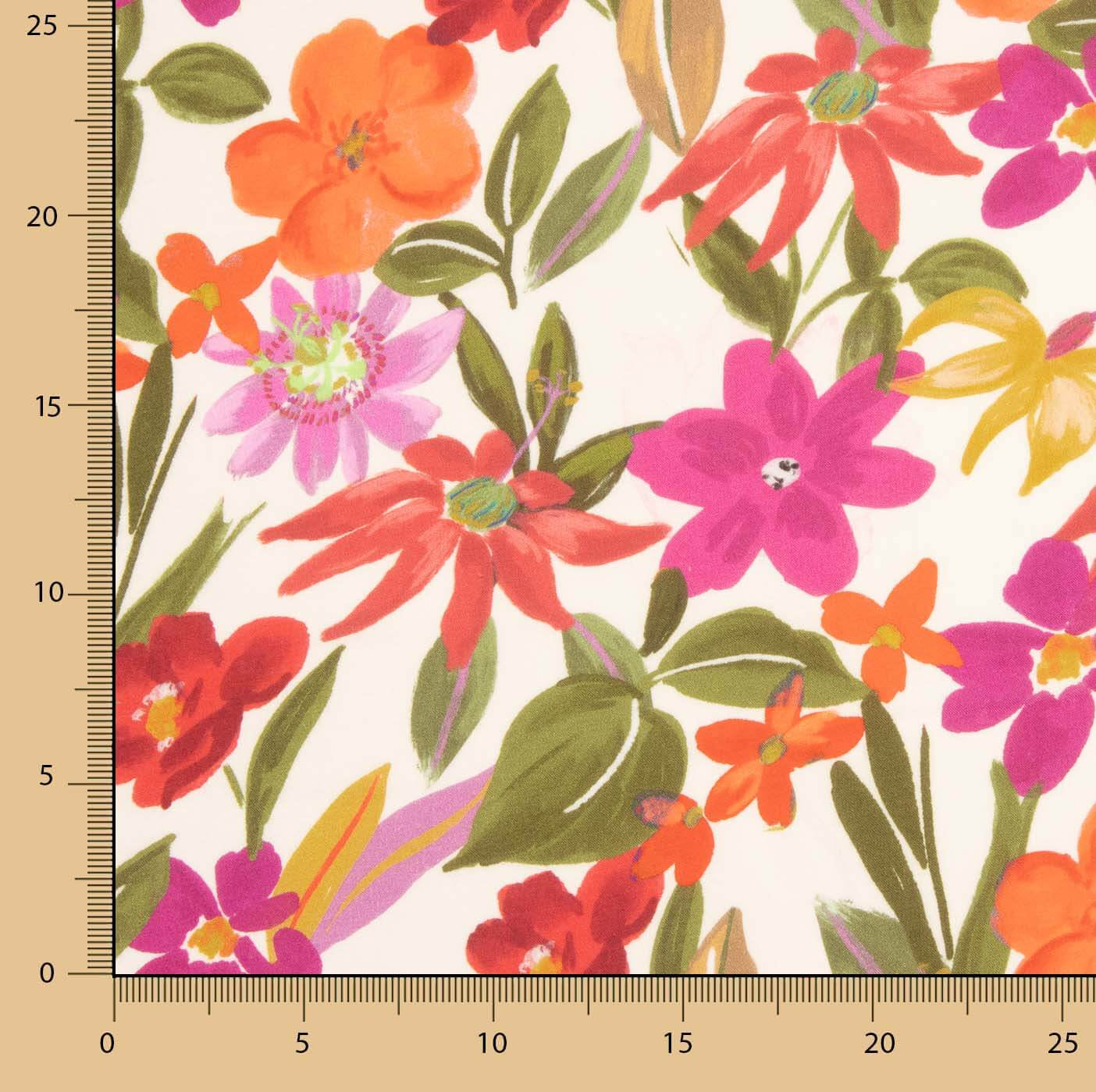 Viscose estampada com flores em fúcsia e laranja - Ribes y Casals