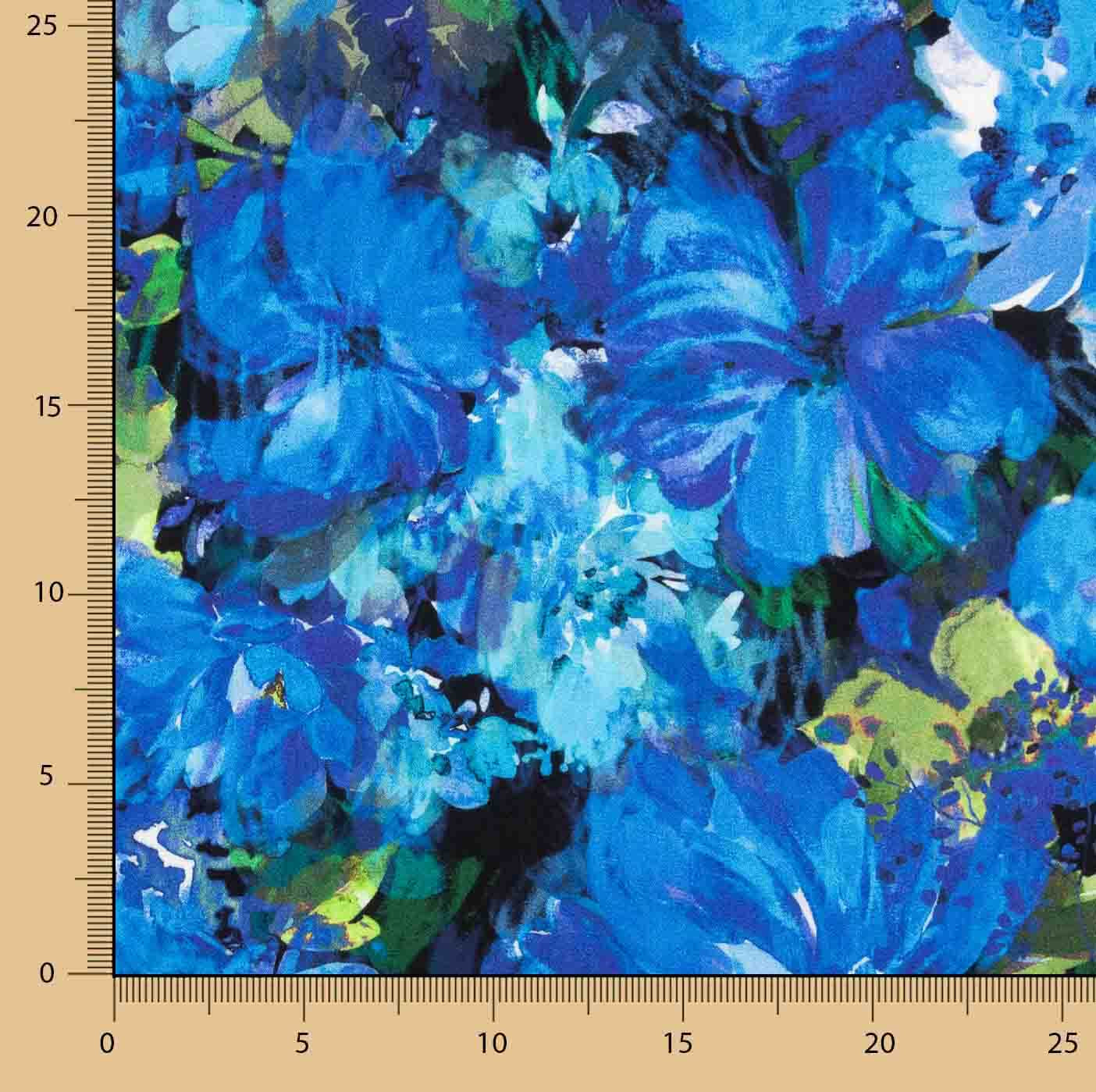 Viscose acetinada estampada com flores azul oceano - Ribes y Casals
