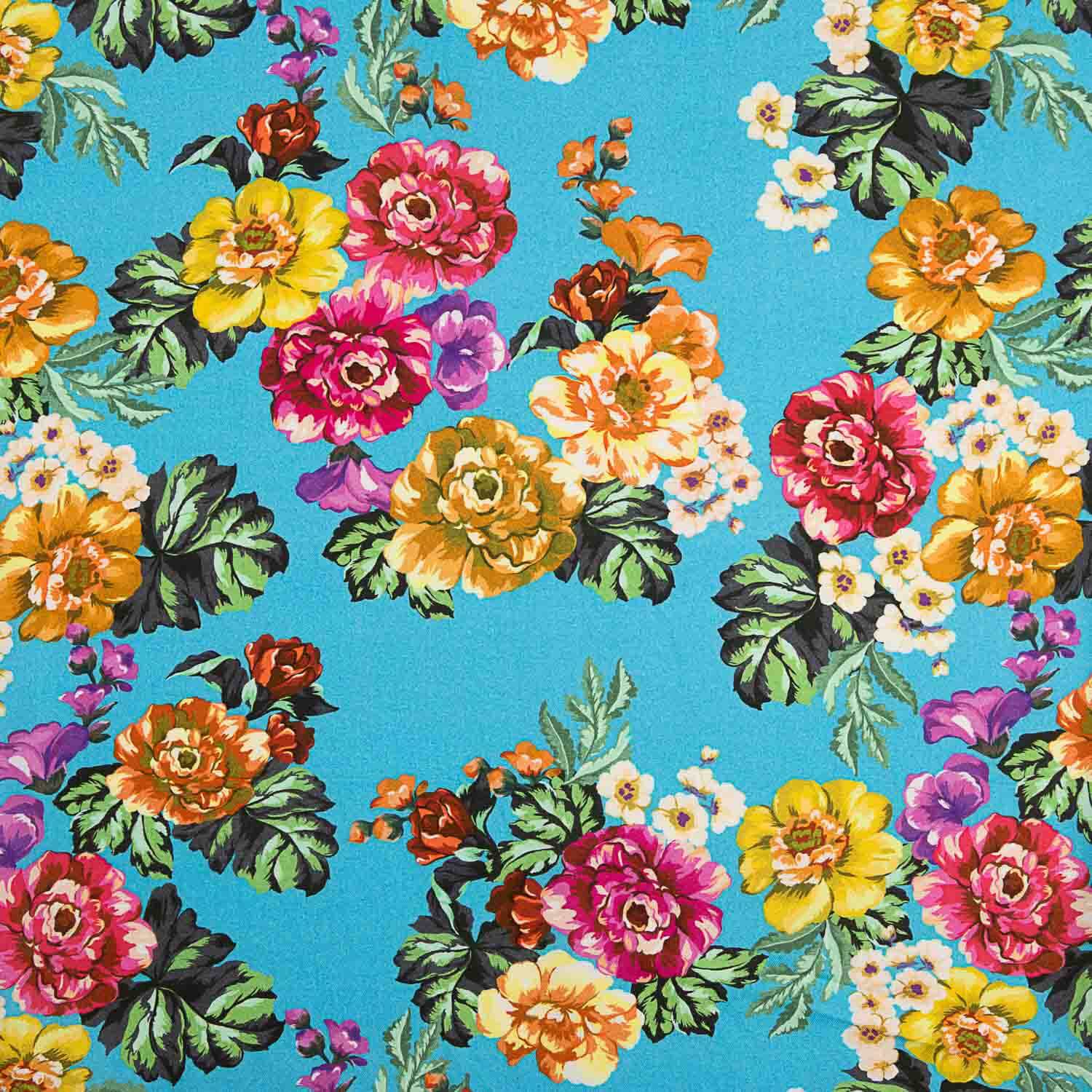 Viscose estampada com flores de jardim turquesa - Ribes y Casals