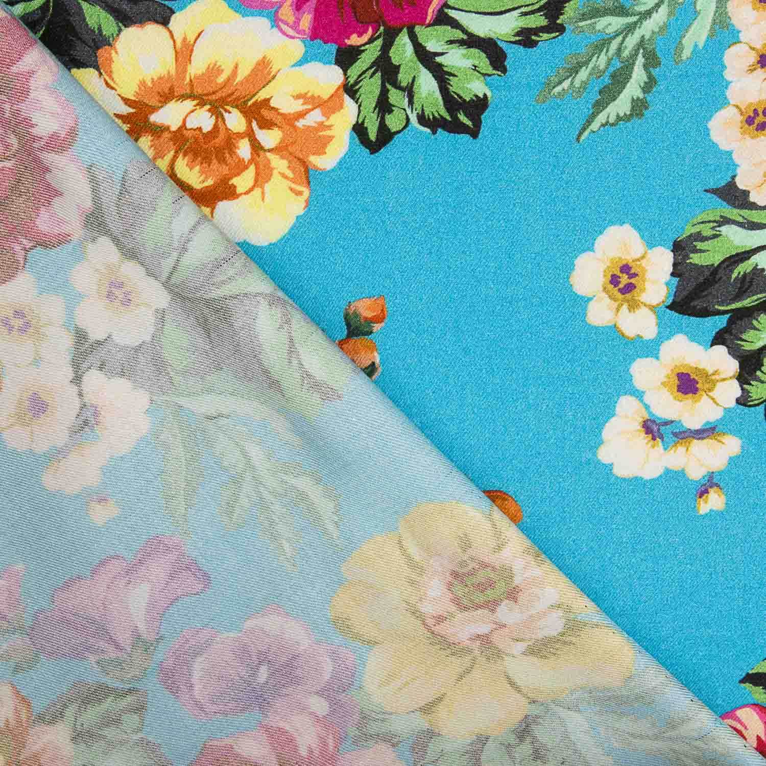 Viscose estampada com flores de jardim turquesa - Ribes y Casals
