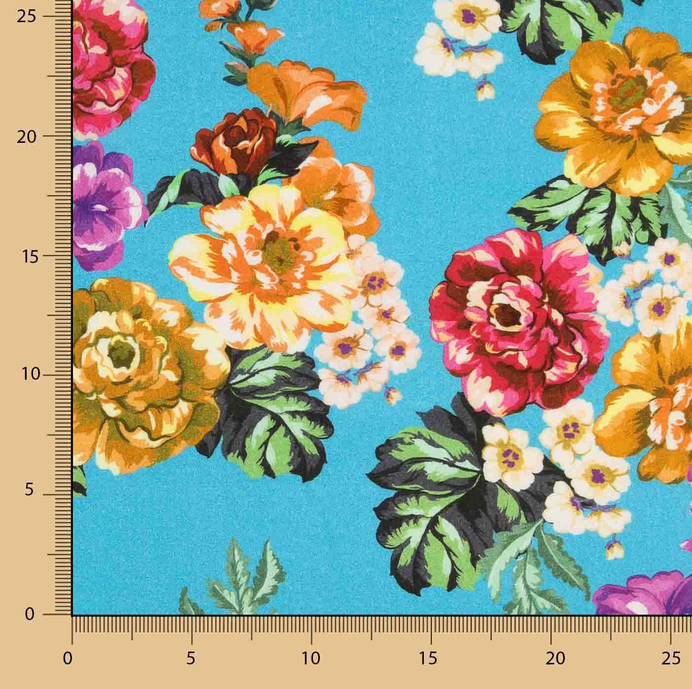 Viscose estampada com flores de jardim turquesa - Ribes y Casals