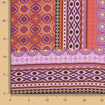 Viscose estampada com motivos étnicos, riscas em laranja e roxo - Ribes y Casals