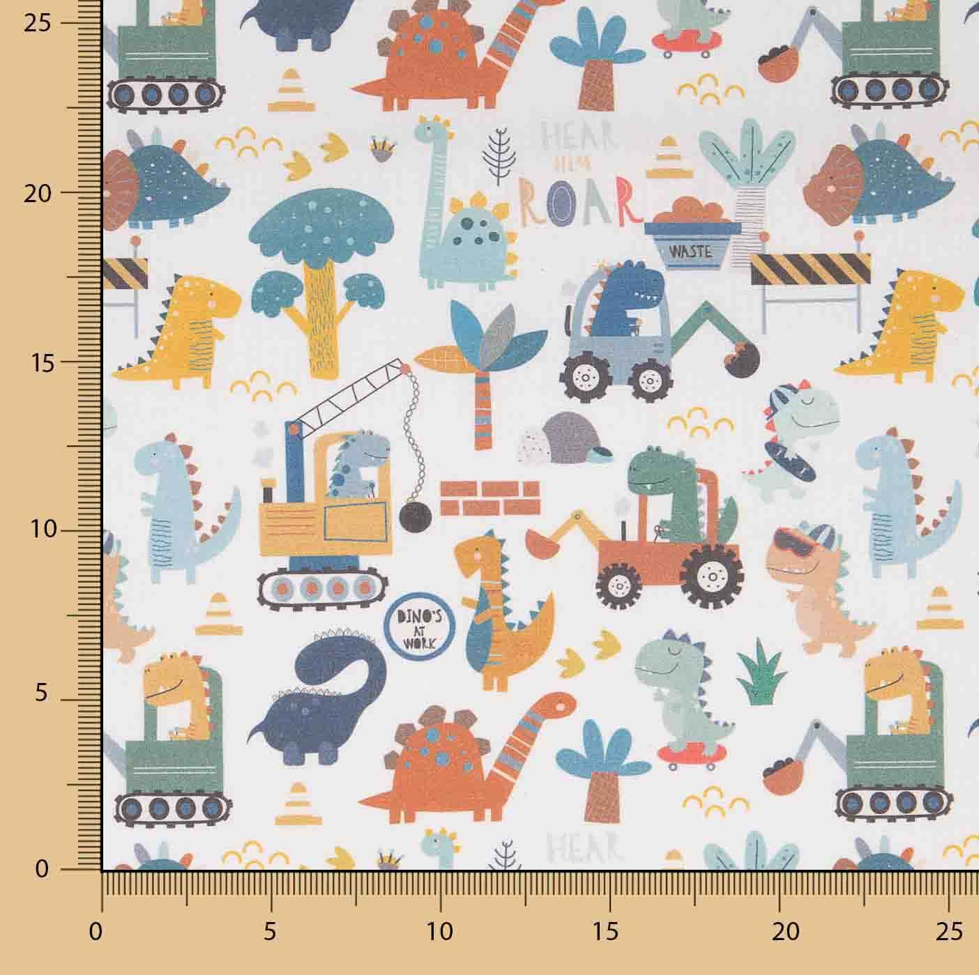 Percal estampado com dinossauros construtores multicoloridos - Ribes y Casals
