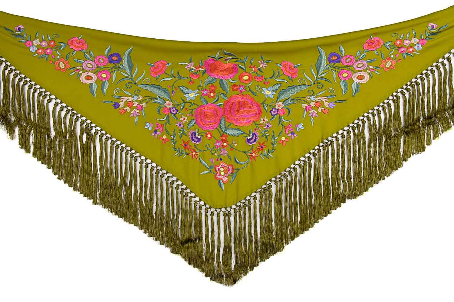Xaile de flamenca verde azeite bordado - Ribes y Casals