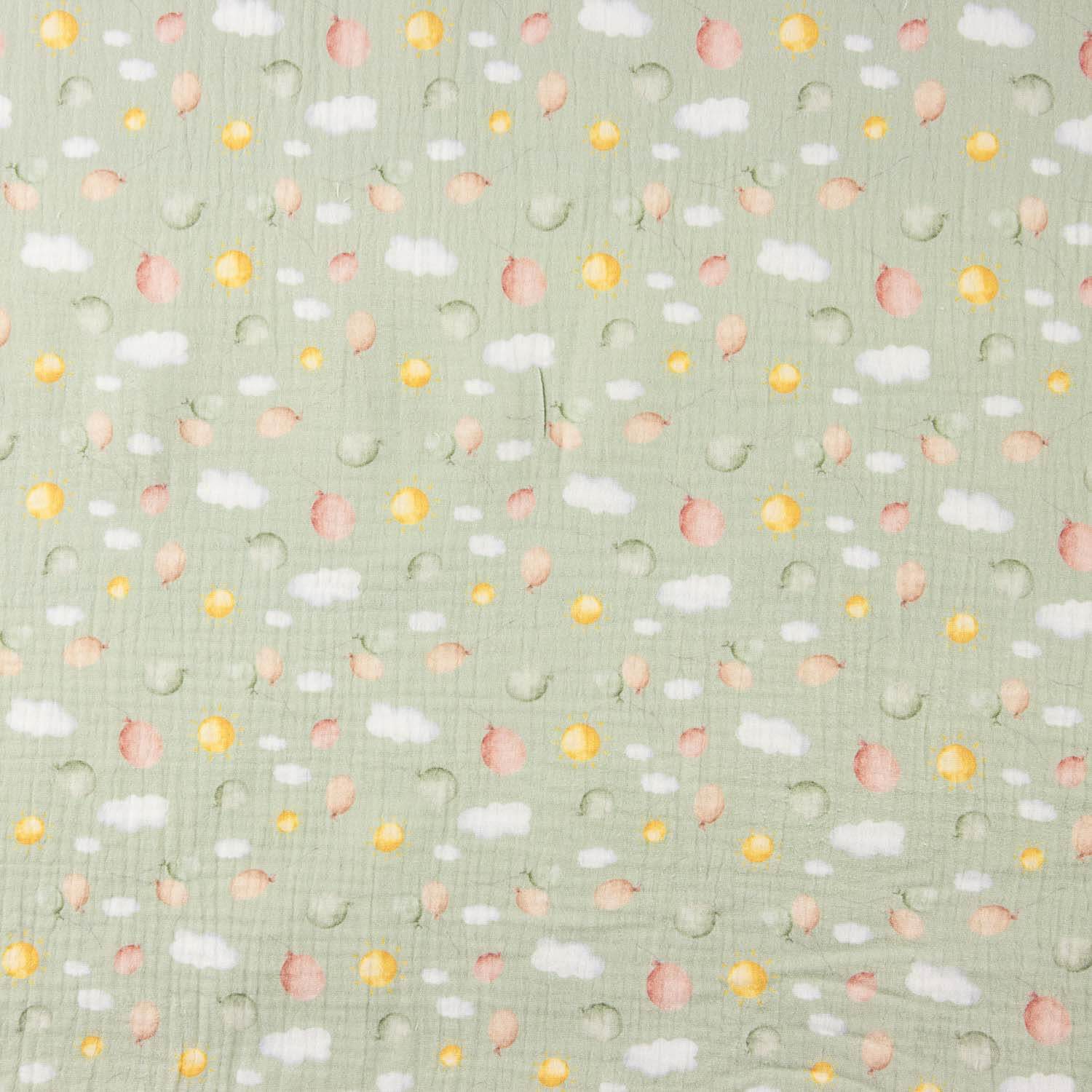 Muselina de algodão nuvens e sóis pastel - Ribes y Casals