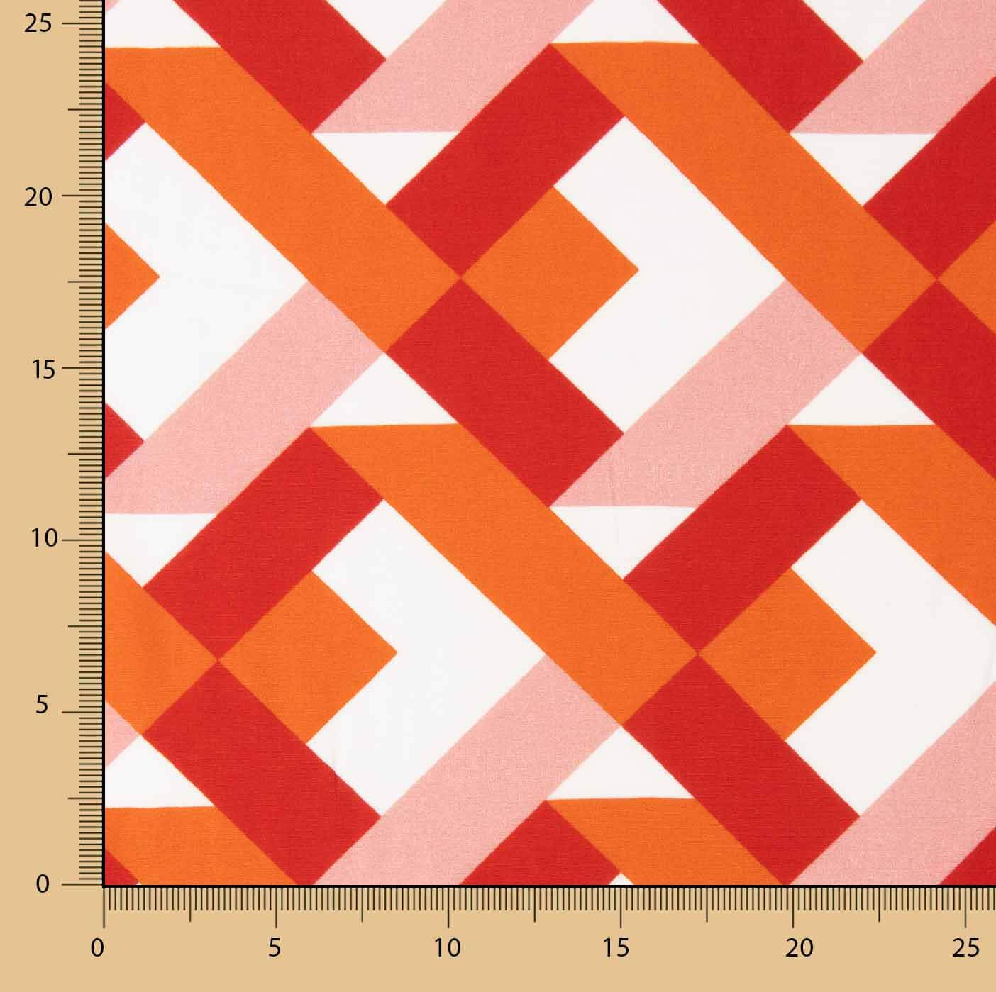 Viscose estampada com motivos geométricos em laranja e coral - Ribes y Casals