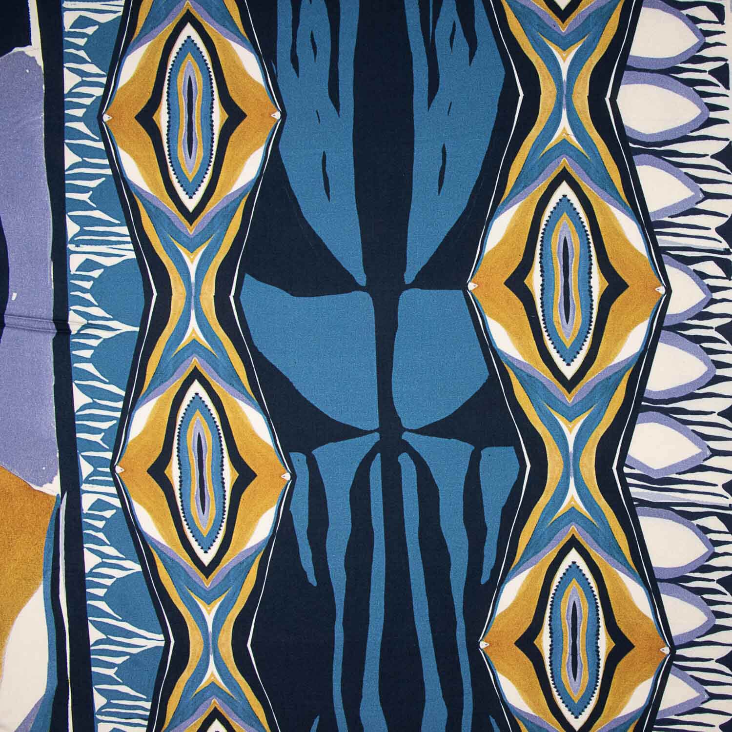 Viscose estampada com motivos geométricos em azul e mostarda - Ribes y Casals