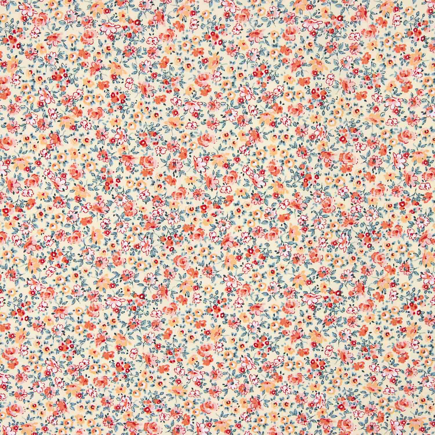 Popeline de algodão orgânico estampado com flores laranja e vermelhas - Ribes y Casals