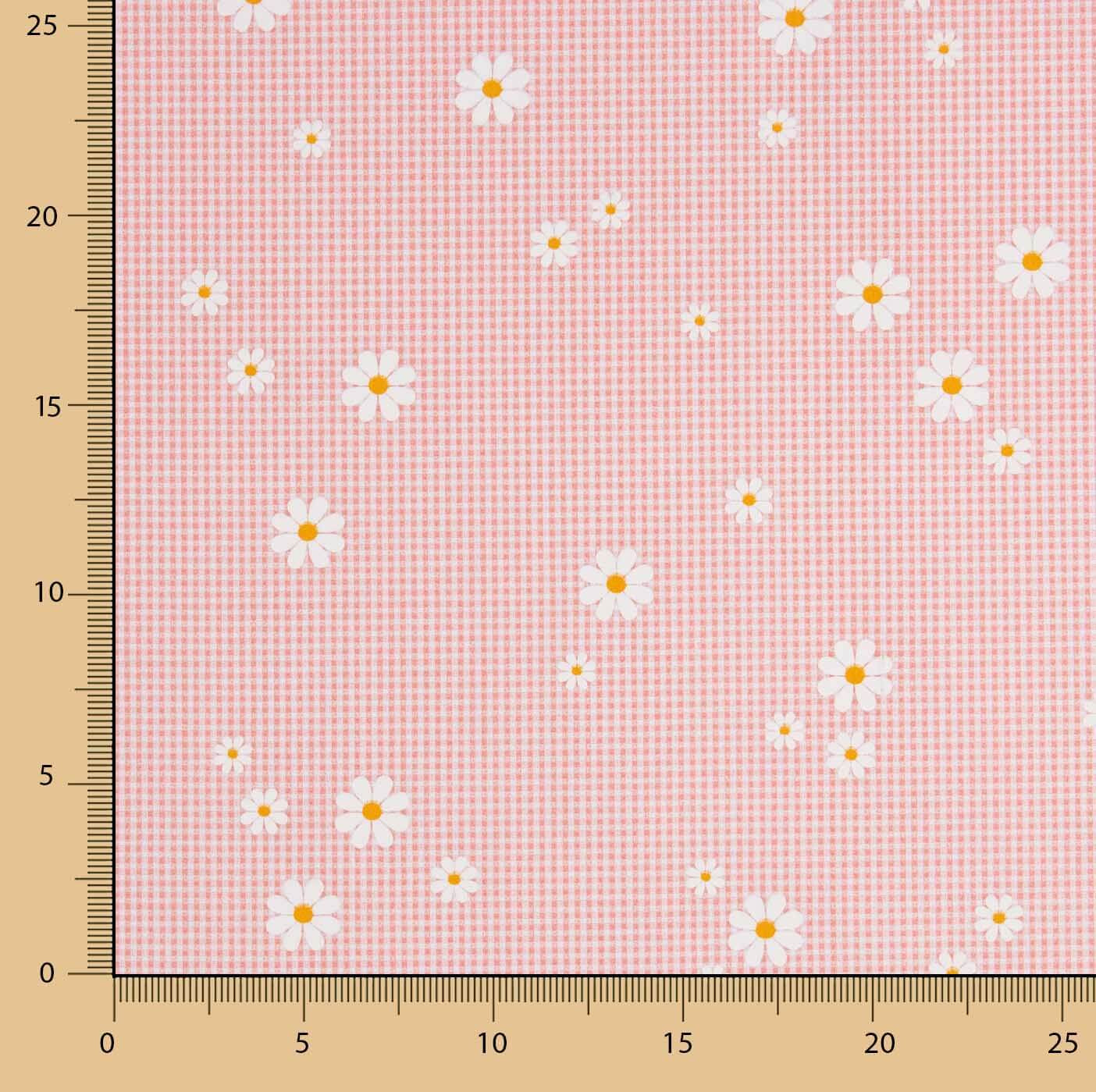 Popeline de algodão orgânico estampado Vichy e margaridas coral - Ribes y Casals