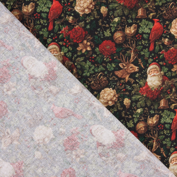 Popelina estampada com motivos natalícios: Pai Natal e cardeais - Ribes y Casals
