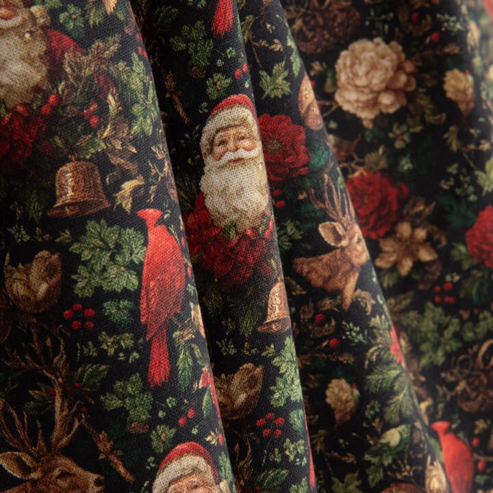 Popelina estampada com motivos natalícios: Pai Natal e cardeais - Ribes y Casals