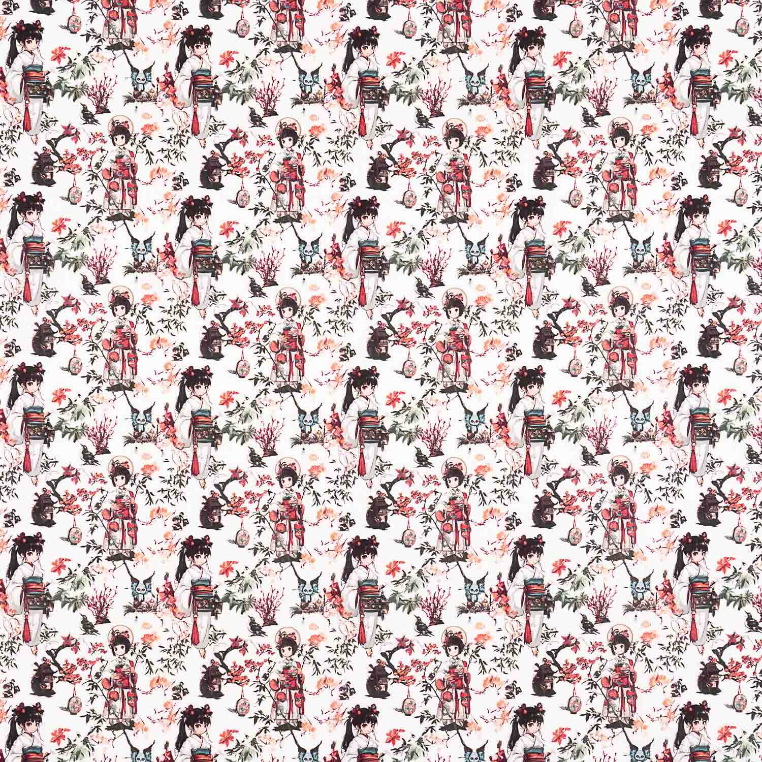 Popeline de algodão estampado com geishas japonesas - Ribes y Casals