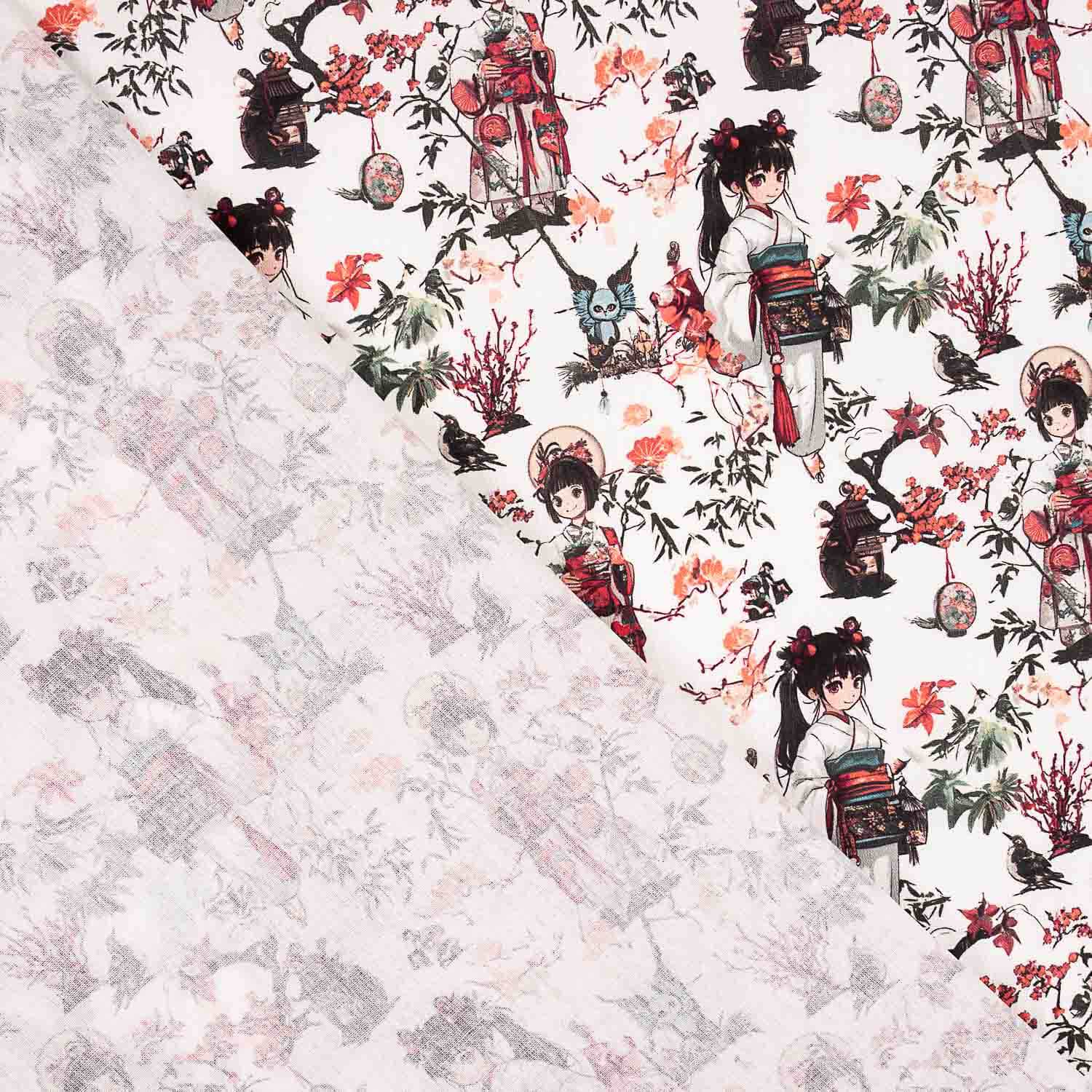 Popeline de algodão estampado com geishas japonesas - Ribes y Casals