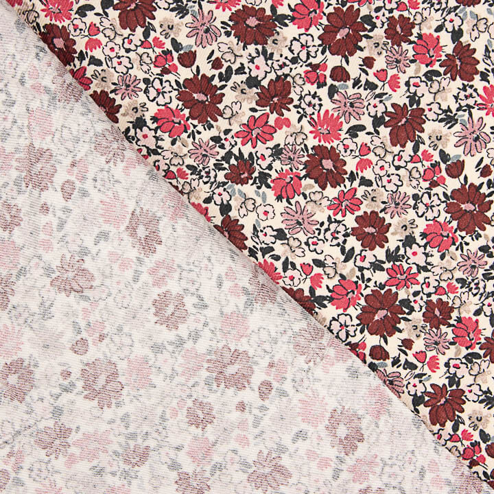 Sarja de viscose com padrão de flores em rosa e bordô - Ribes y Casals