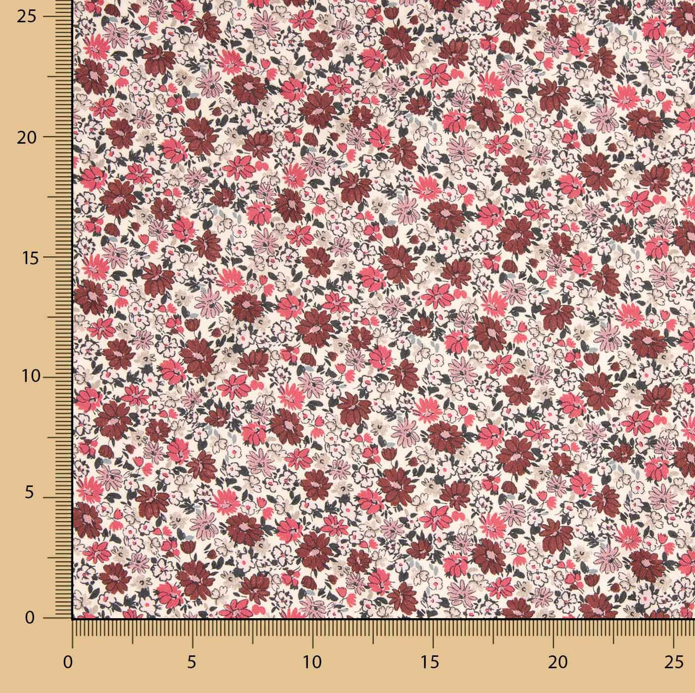 Sarja de viscose com padrão de flores em rosa e bordô - Ribes y Casals