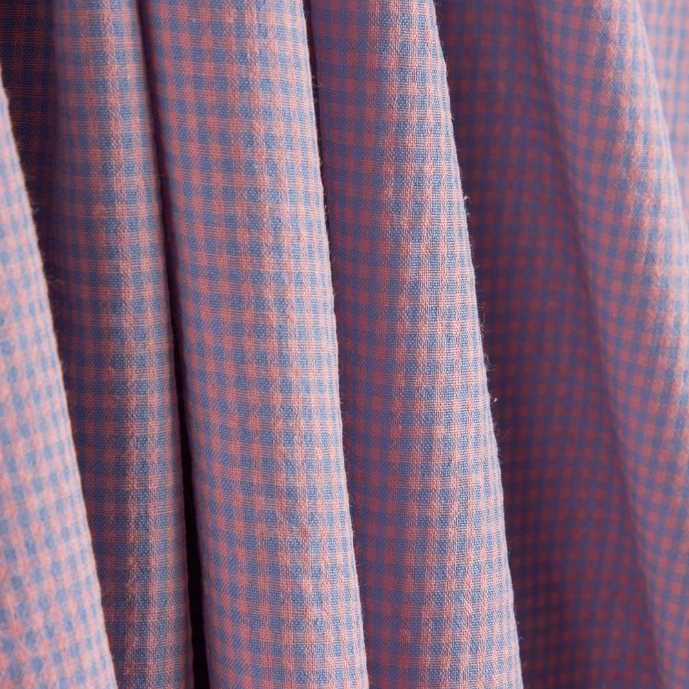 Popelina Seersucker Mini Xadrez Azul e Rosa - Ribes y Casals