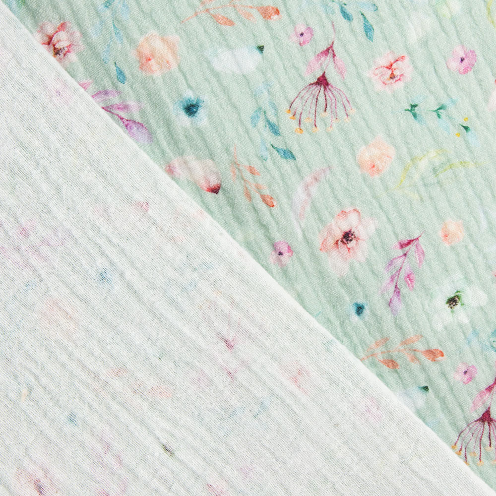 Musselina Algodão Verde Menta Flores - Ribes y Casals