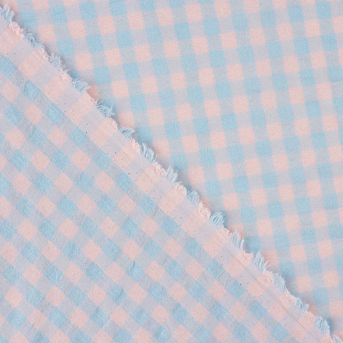 Algodão misturado com seersucker Vichy – Azul suave e rosa - Ribes y Casals