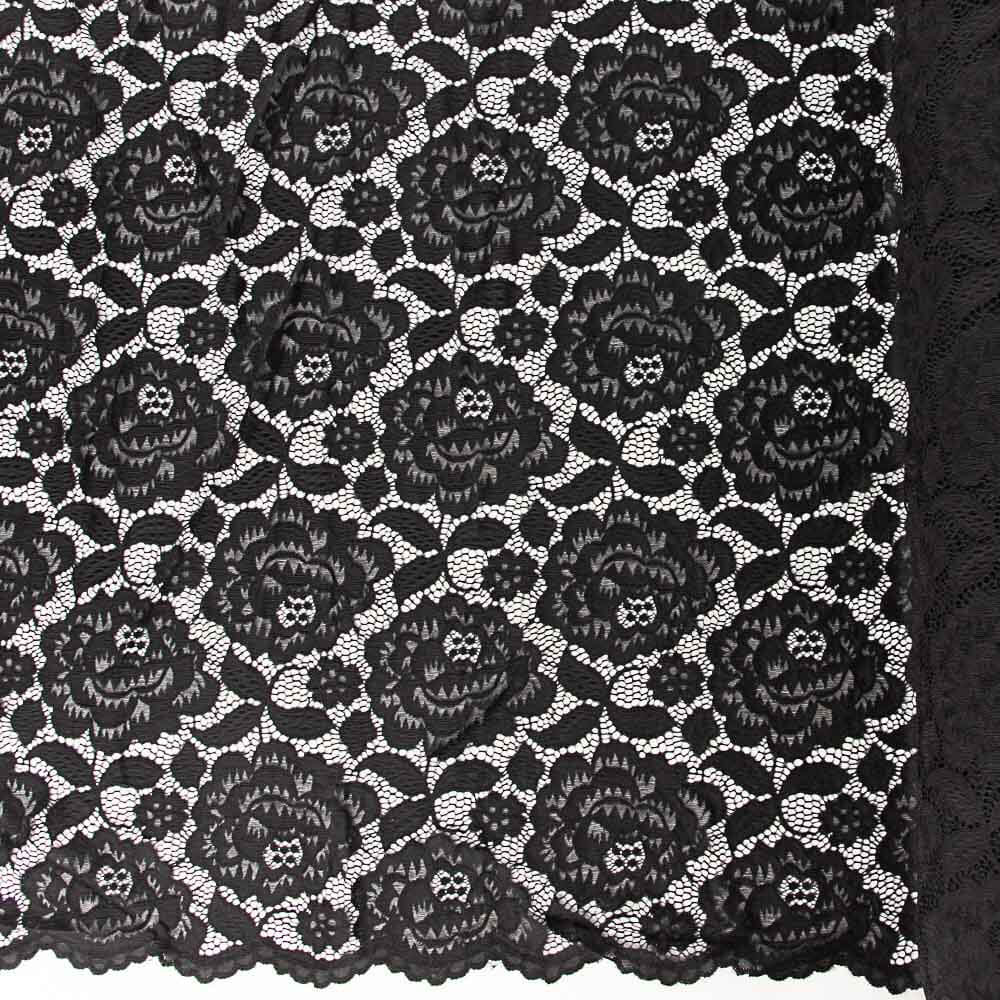 Renda com elástano Flores Preta - Ribes y Casals