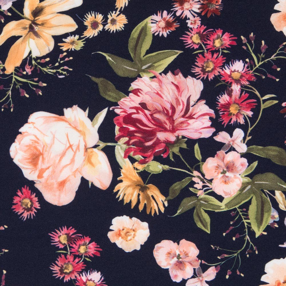 Viscose Faixas Florais Preta - Ribes y Casals