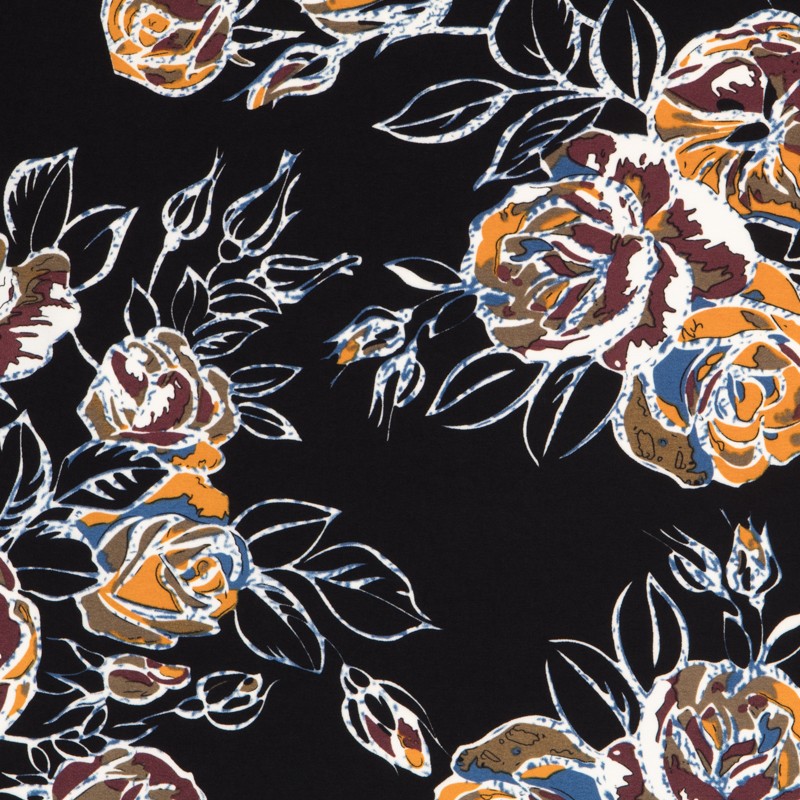 Crepe Elástica Floral Preto - Ribes y Casals