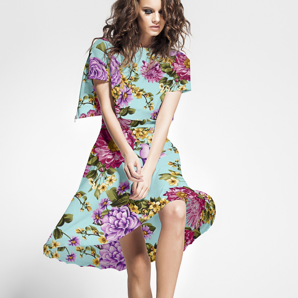 Crepe Buquê de Flores Verde Água - Ribes y Casals