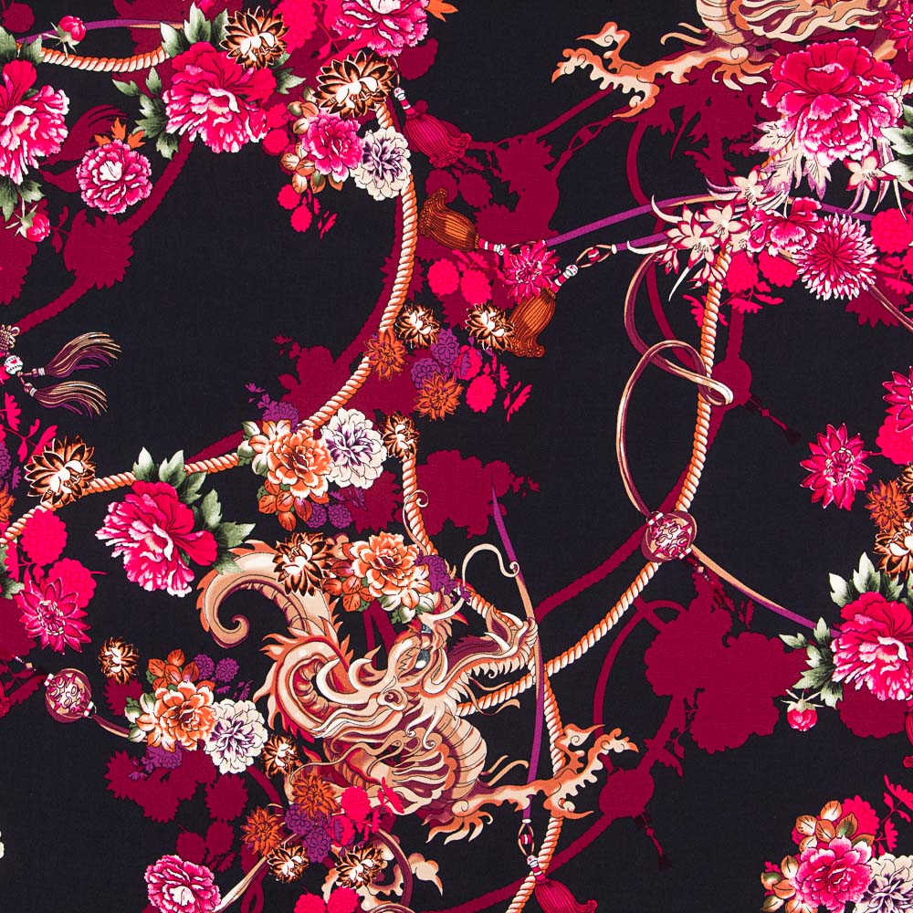 Crepe Viscose Fúcsia Floral Dragão - Ribes y Casals