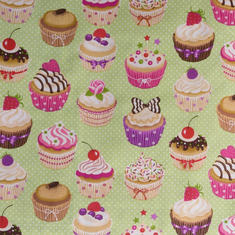 Algodão Cupcakes Fundo Verde - Ribes y Casals