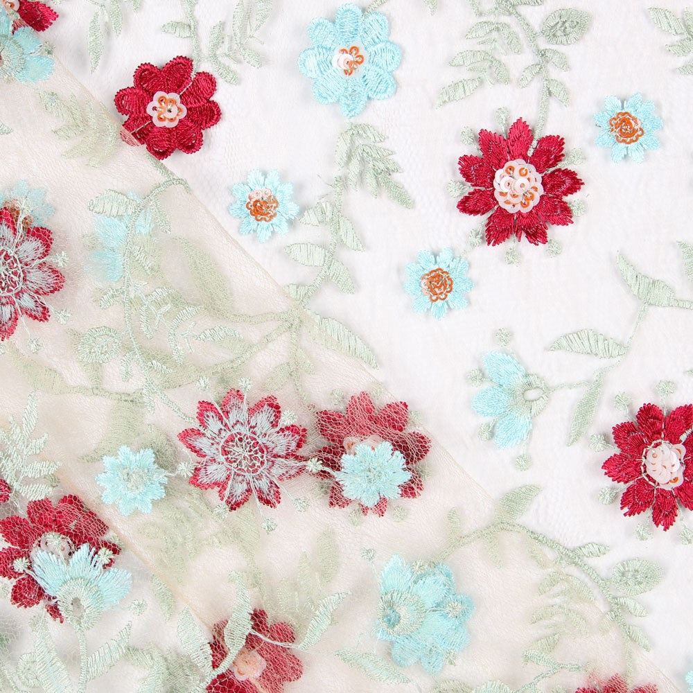 Tule Bordado Floral Borgonha - Ribes y Casals