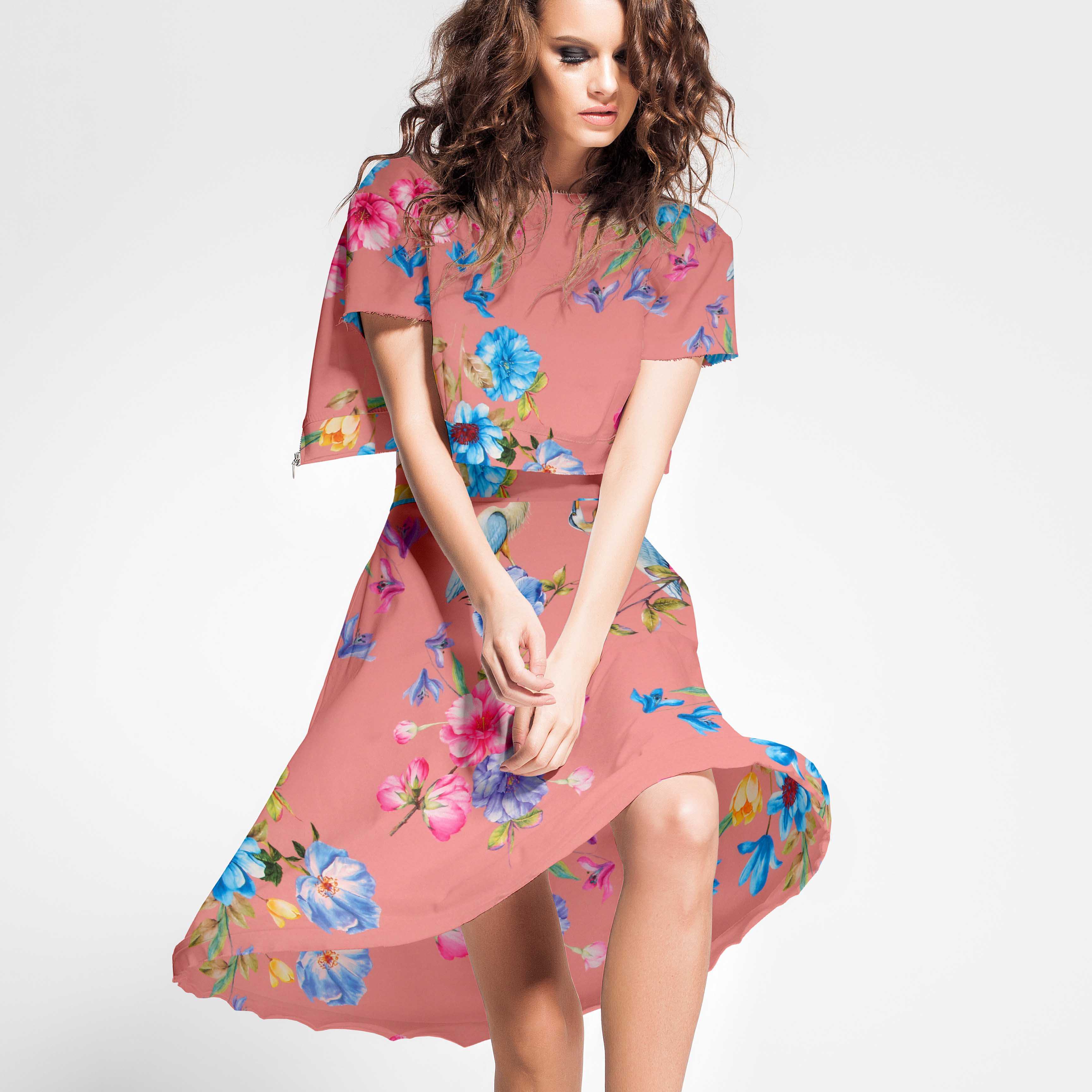 Tecido Fama Stretch Orquídeas Coral - Ribes y Casals