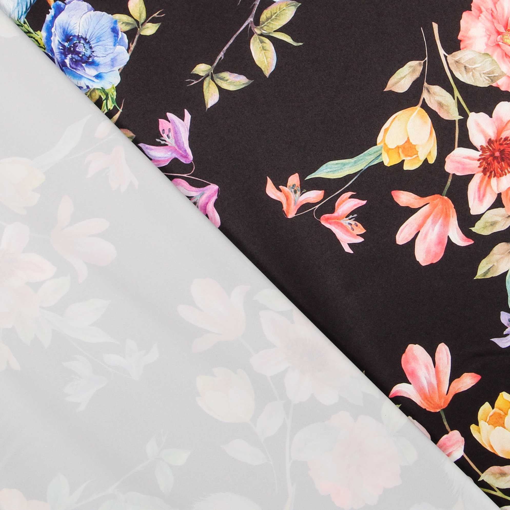 Tecido Fama Stretch Orquídeas Preto - Ribes y Casals