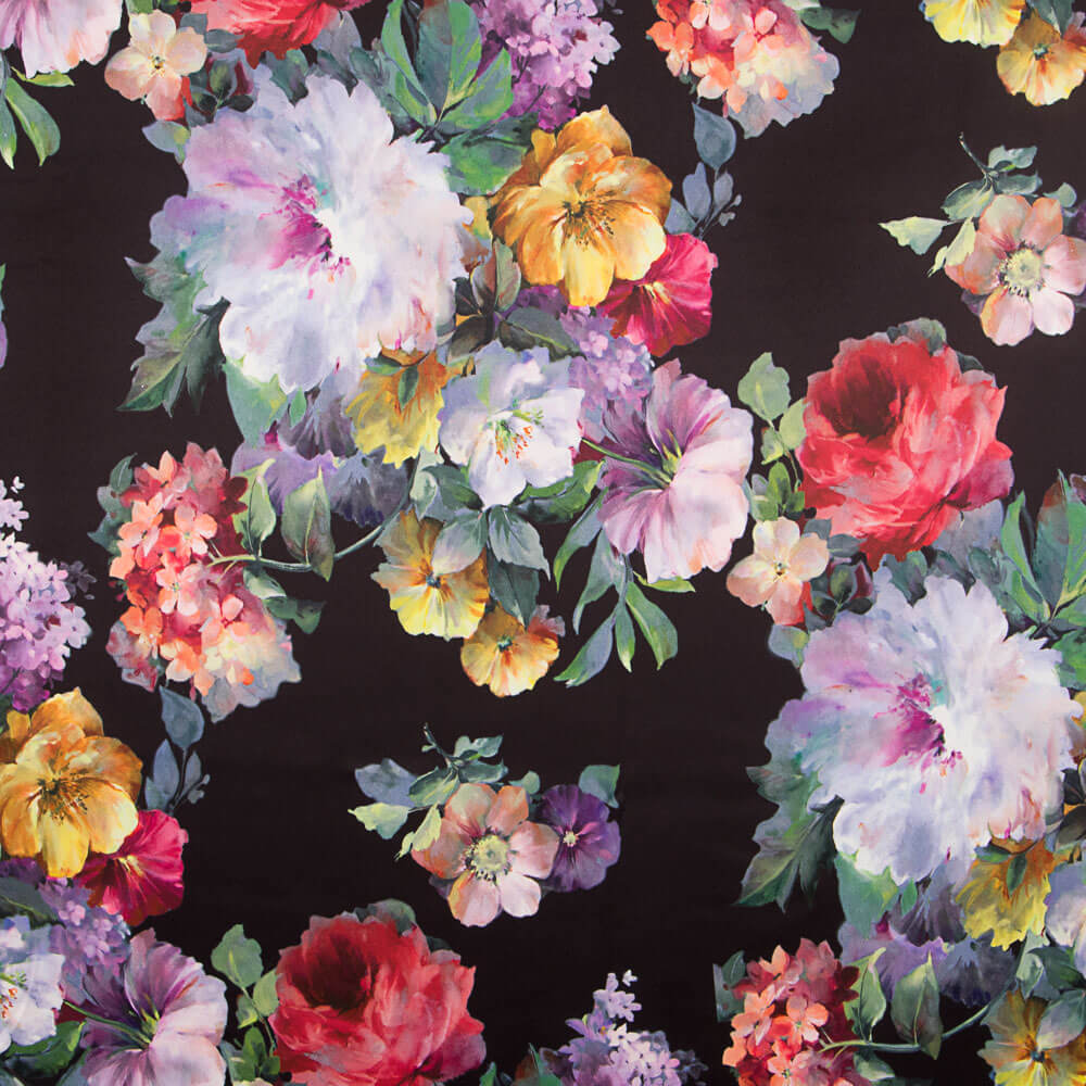 Tecido Fama Stretch Flor Aquarela Preto - Ribes y Casals