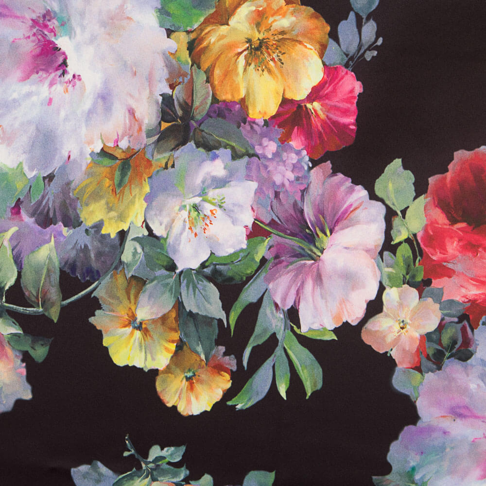 Tecido Fama Stretch Flor Aquarela Preto - Ribes y Casals