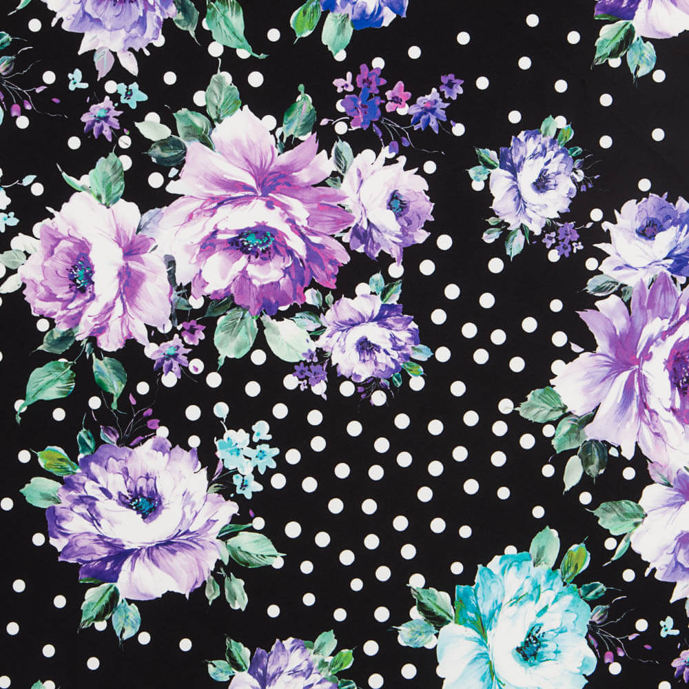 Tecido Bi-Stretch Cretonne Malva Bolinhas Preto - Ribes y Casals