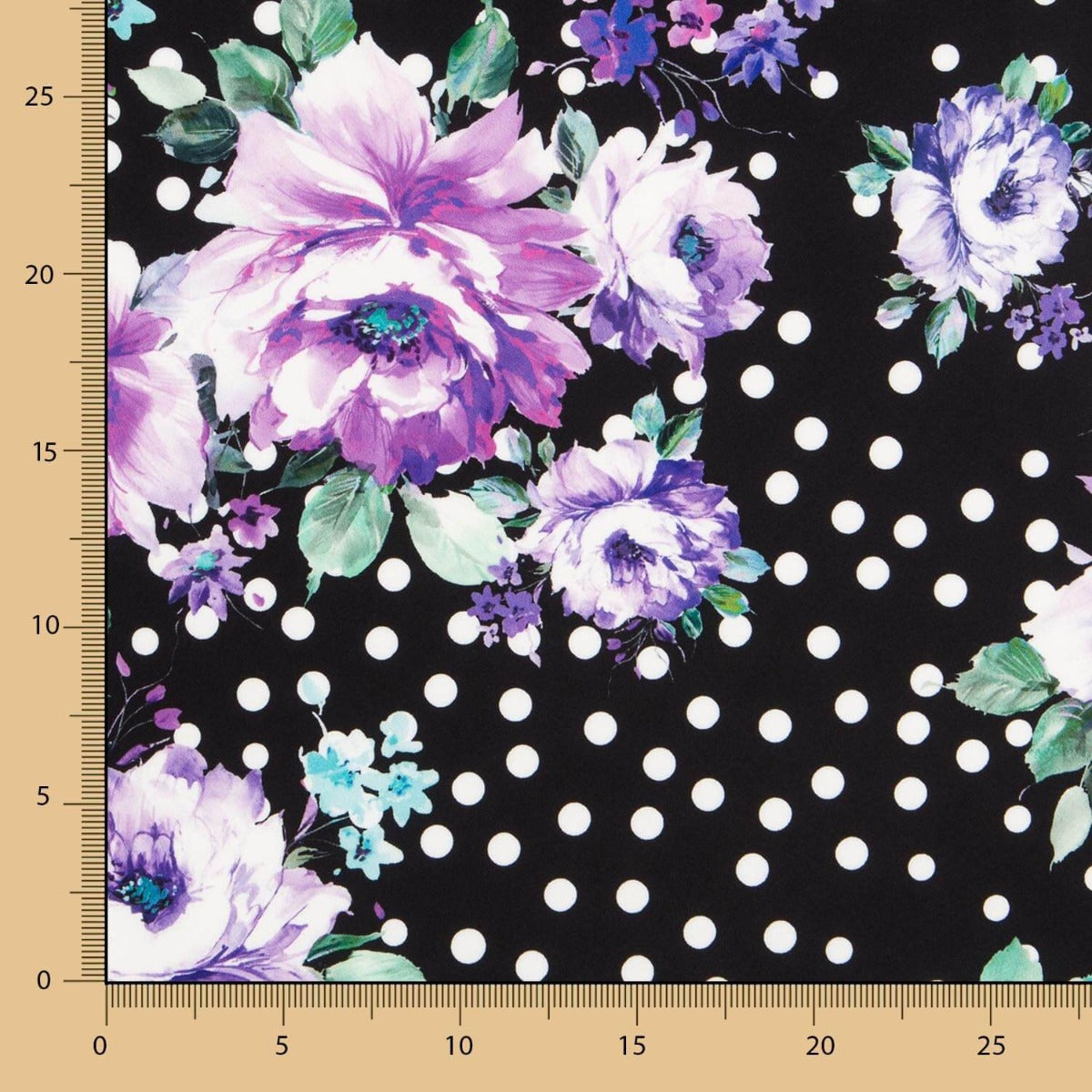 Tecido Bi-Stretch Cretonne Malva Bolinhas Preto - Ribes y Casals