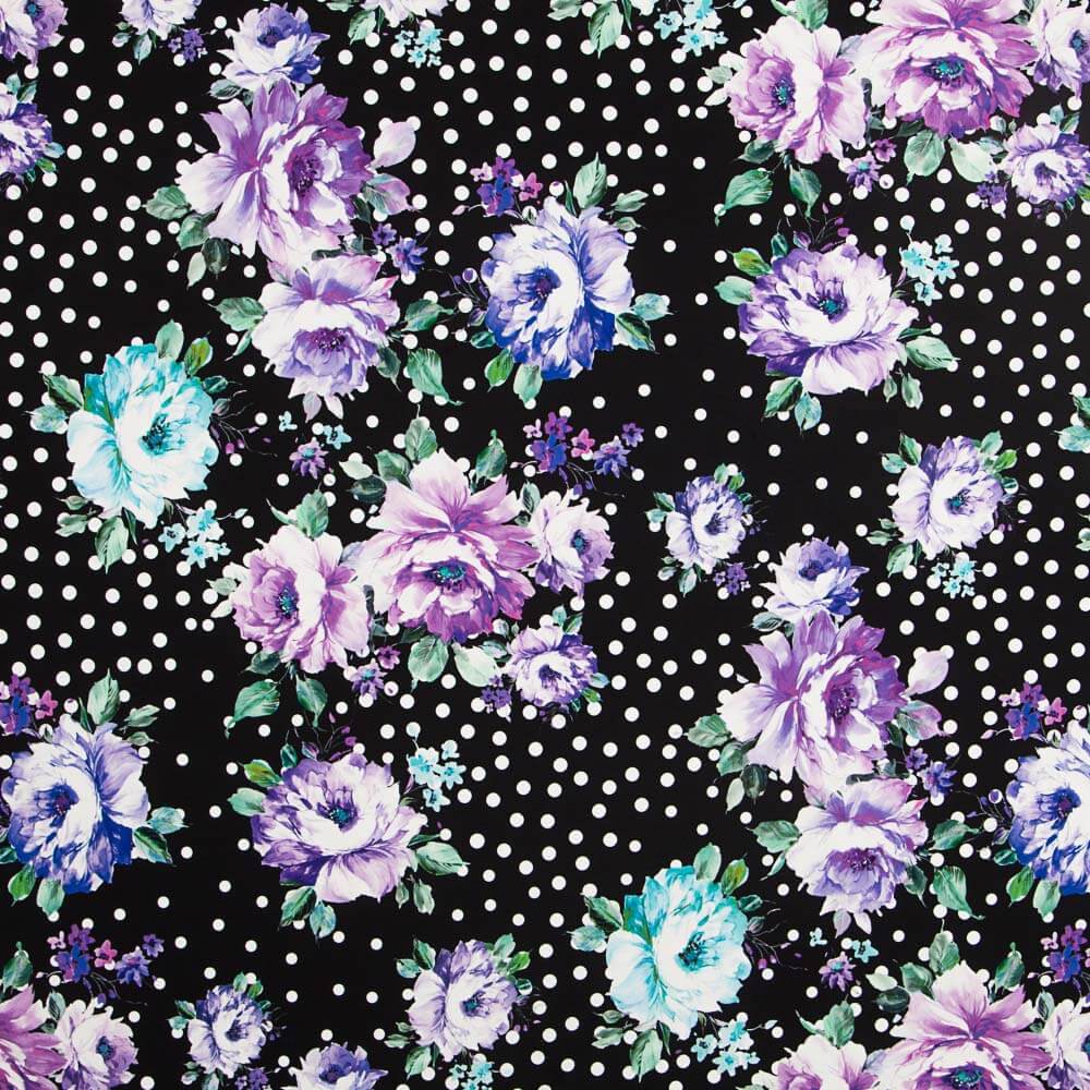 Tecido Bi-Stretch Cretonne Malva Bolinhas Preto - Ribes y Casals