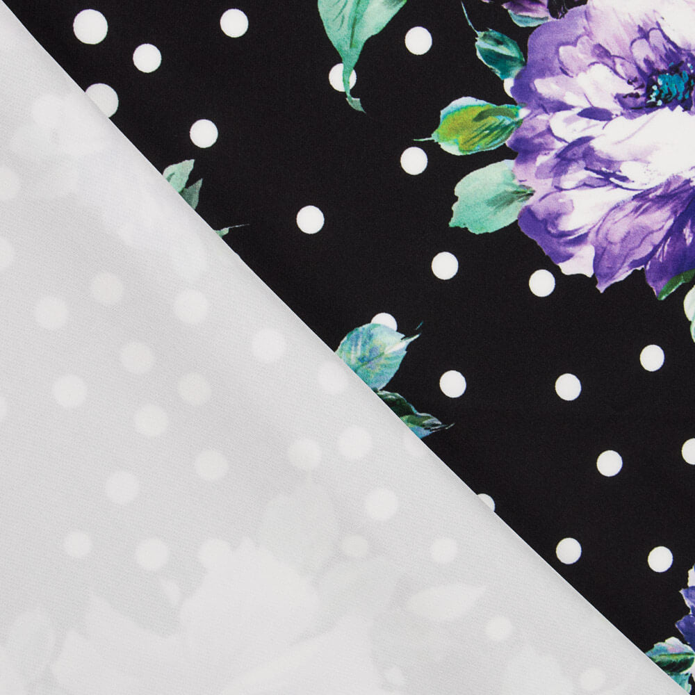 Tecido Bi-Stretch Cretonne Malva Bolinhas Preto - Ribes y Casals