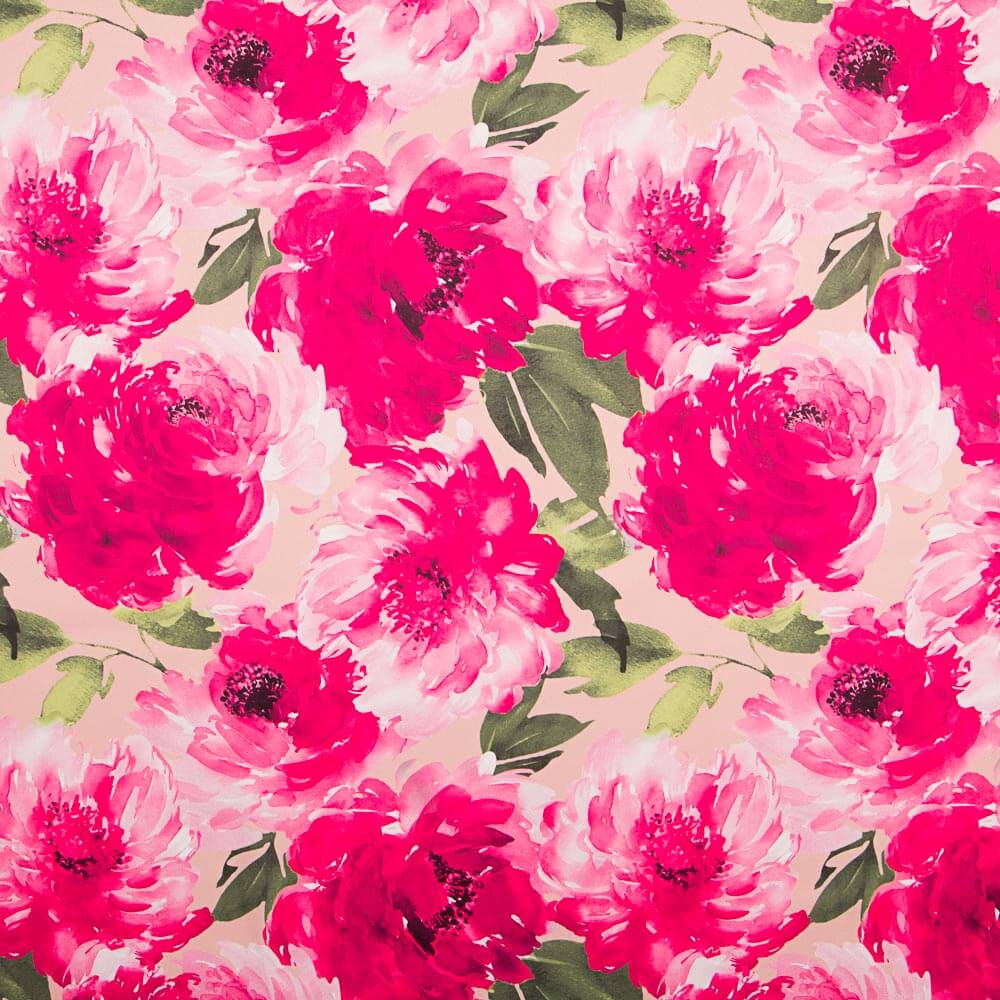 Tecido Fama Stretch Flor Pinceladas Fúcsia - Ribes y Casals