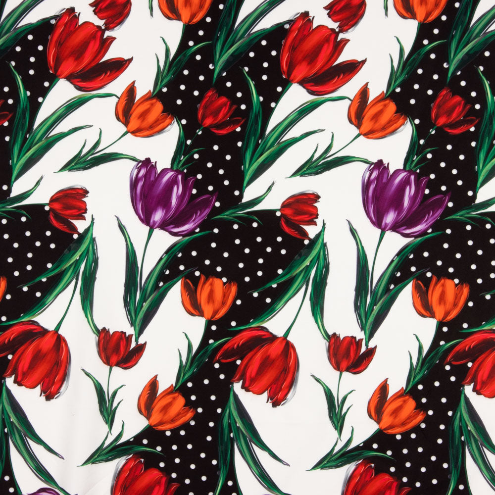 Gabardina Stretch Tulipas Vermelhas Bolinhas - Ribes y Casals