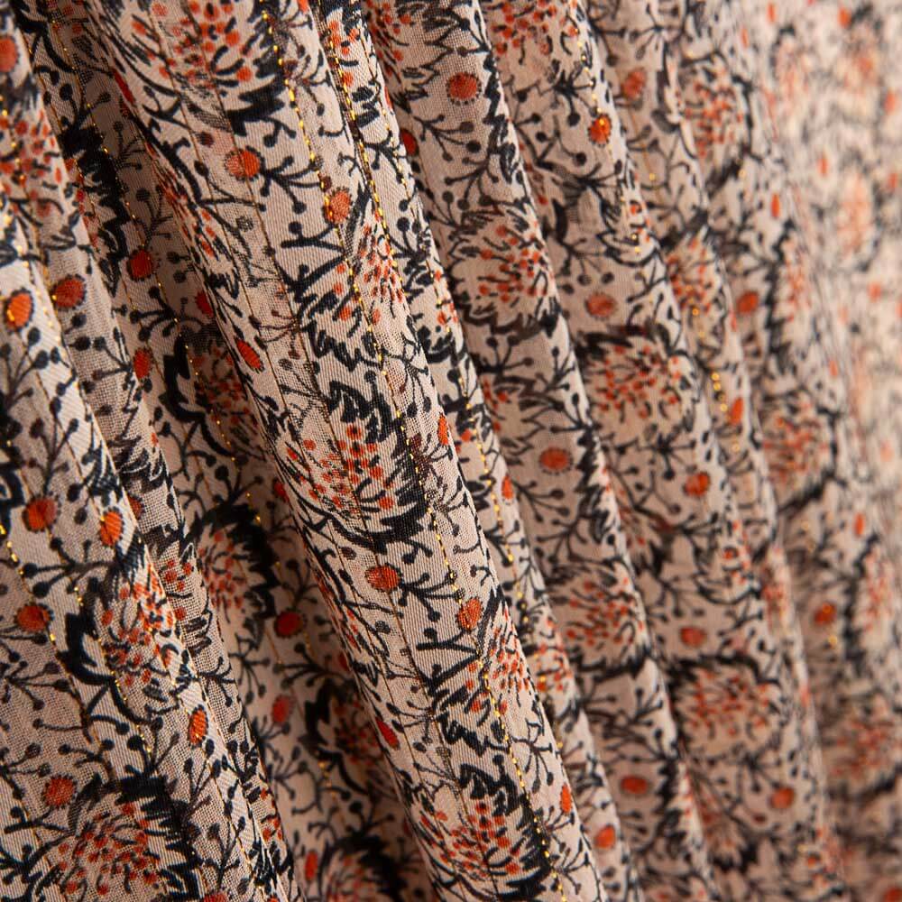 Gaze de Cetim Lurex Folhas Bege - Ribes y Casals