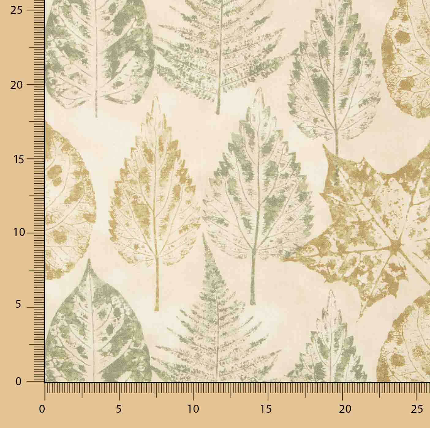 Loneta estampada com folhas botânicas em verde e ocre - Ribes y Casals