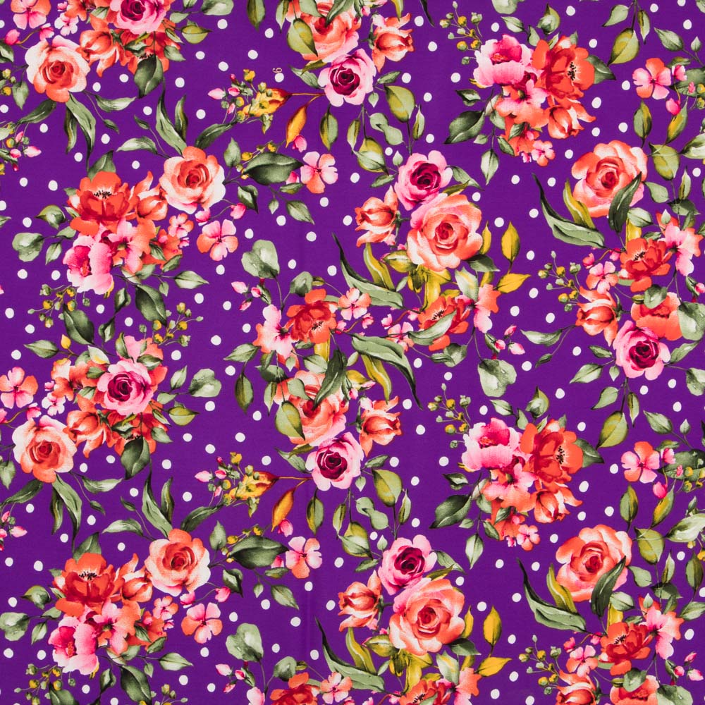 Crepe Bolinhas e Flores Roxo - Ribes y Casals